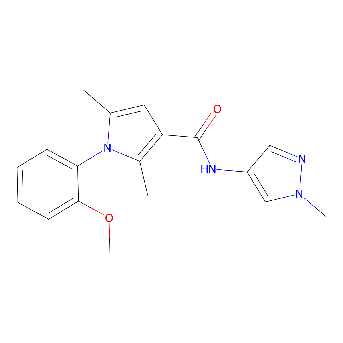 1-(2-methoxyphenyl)-2,5-dimethyl-N-(1-methyl-1H-pyrazol-4-yl)-1H-pyrrole-3-carboxamide molecular structure, CAS 1435980-89-4
