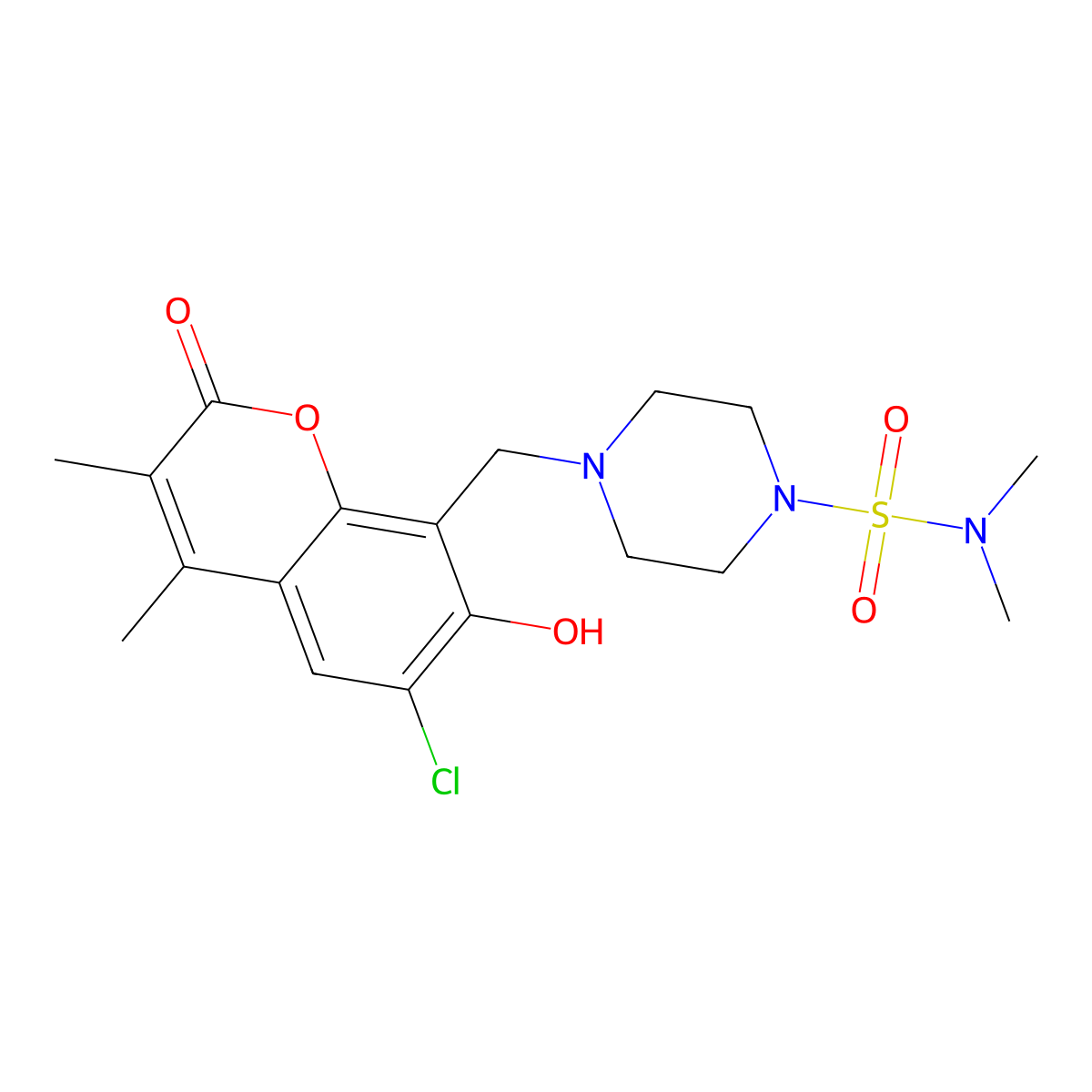 4-[(6-chloro-7-hydroxy-3,4-dimethyl-2-oxo-2H-chromen-8-yl)methyl]-N,N-dimethylpiperazine-1-sulfonamide molecular structure, CAS 1435980-96-3
