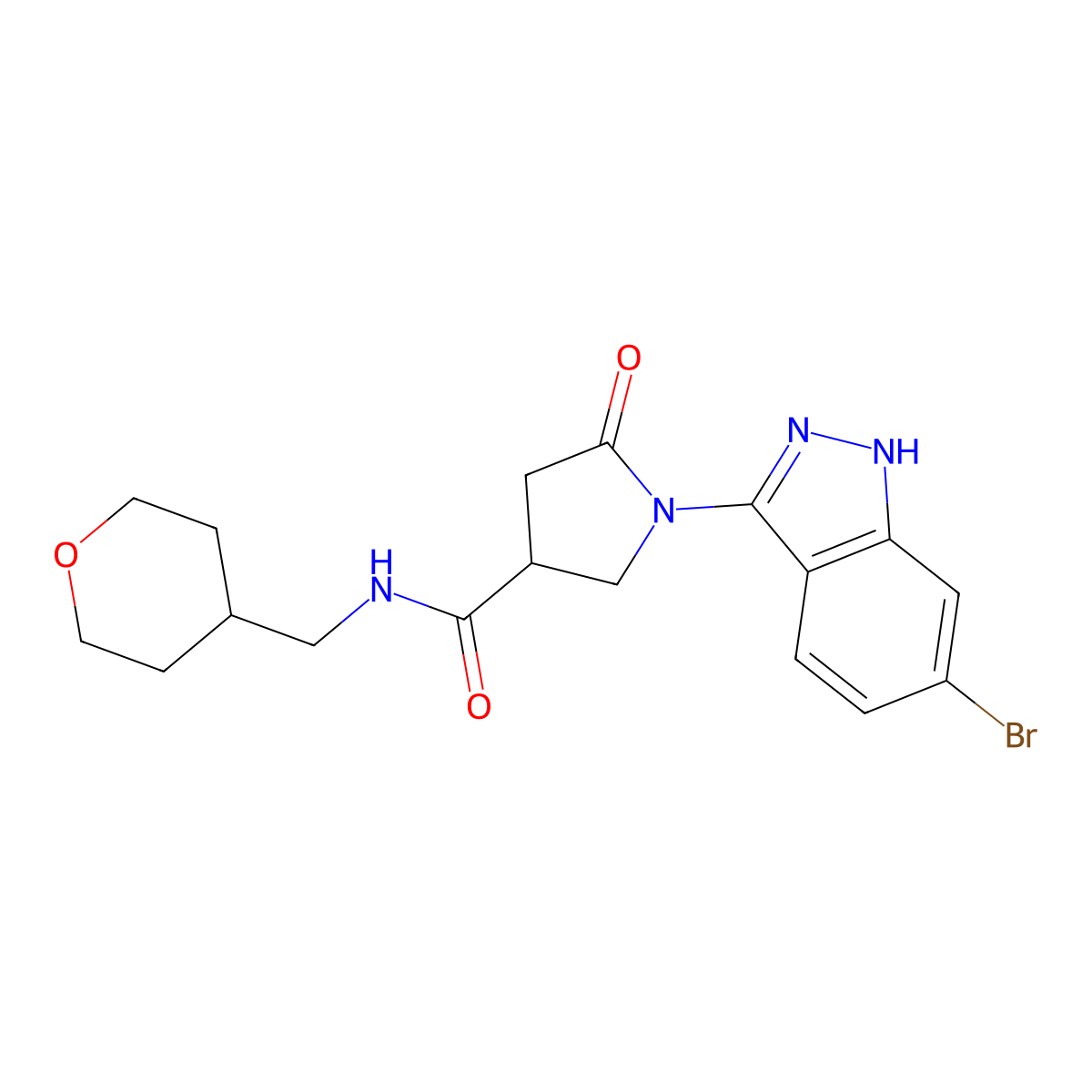 1-(6-bromo-1H-indazol-3-yl)-5-oxo-N-(tetrahydro-2H-pyran-4-ylmethyl)-3-pyrrolidinecarboxamide molecular structure, CAS 1435980-98-5