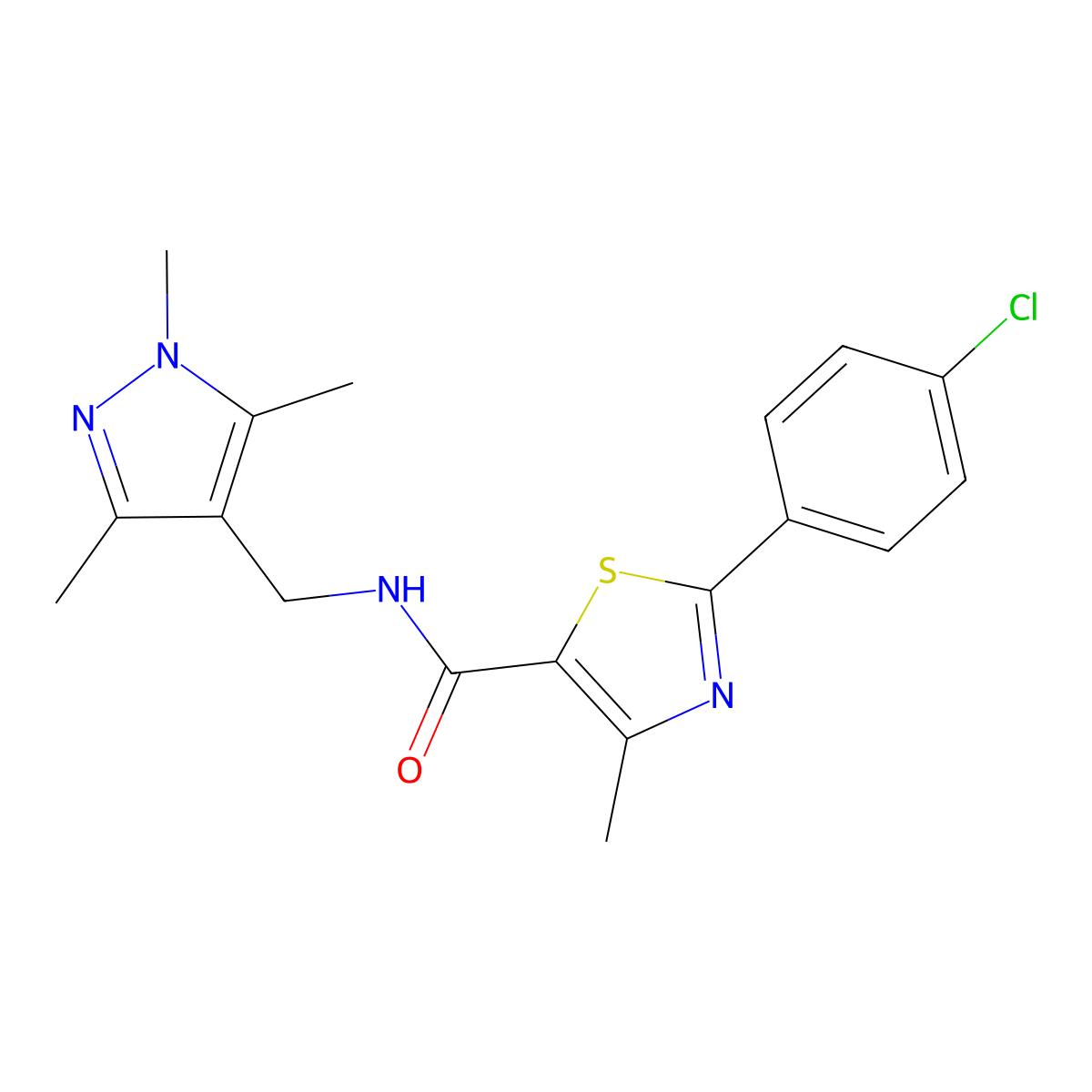 2-(4-chlorophenyl)-4-methyl-N-[(1,3,5-trimethyl-1H-pyrazol-4-yl)methyl]-1,3-thiazole-5-carboxamide molecular structure, CAS 1435981-34-2