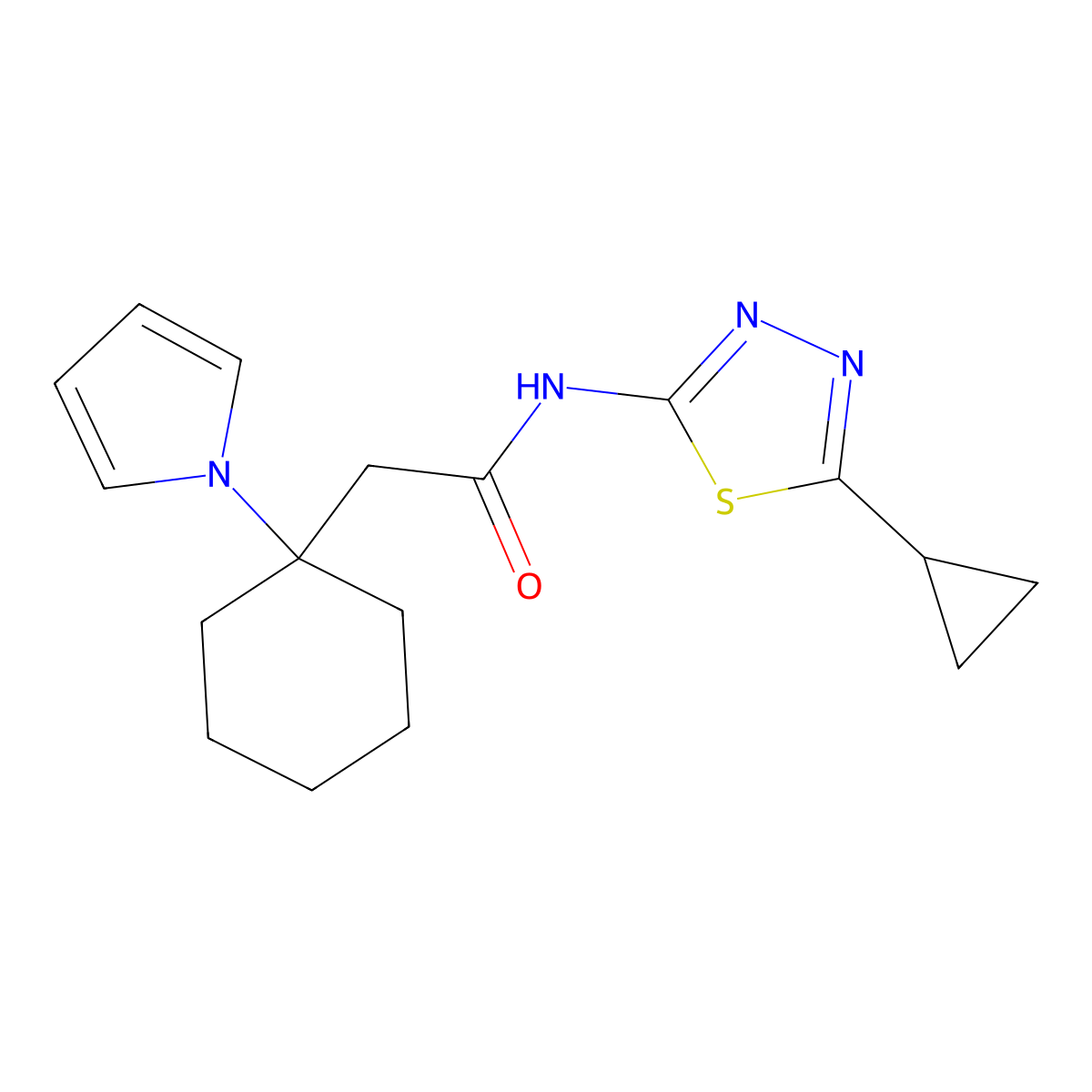 2-(1-(1H-pyrrol-1-yl)cyclohexyl)-N-(5-cyclopropyl-1,3,4-thiadiazol-2-yl)acetamide molecular structure, CAS 1435981-66-0