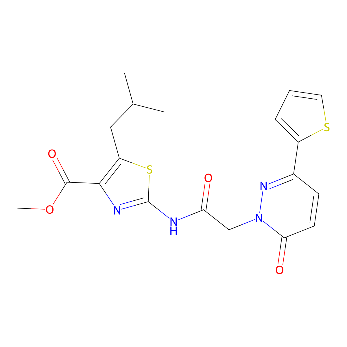 methyl 5-(2-methylpropyl)-2-({[6-oxo-3-(thiophen-2-yl)pyridazin-1(6H)-yl]acetyl}amino)-1,3-thiazole-4-carboxylate molecular structure, CAS 1435981-89-7