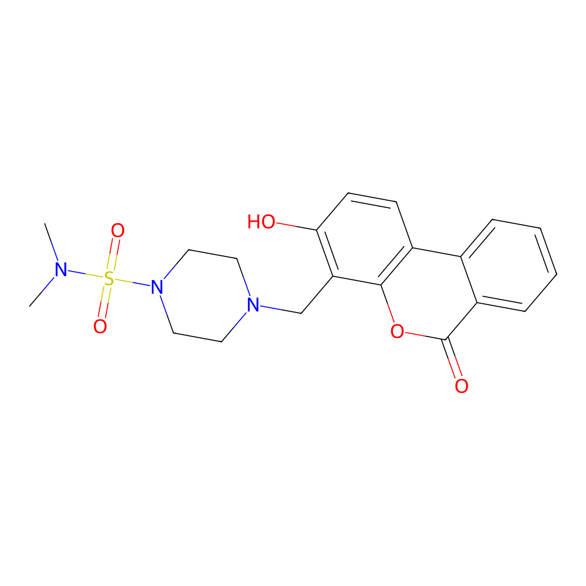 4-[(3-hydroxy-6-oxo-6H-benzo[c]chromen-4-yl)methyl]-N,N-dimethylpiperazine-1-sulfonamide molecular structure, CAS 1435982-74-3