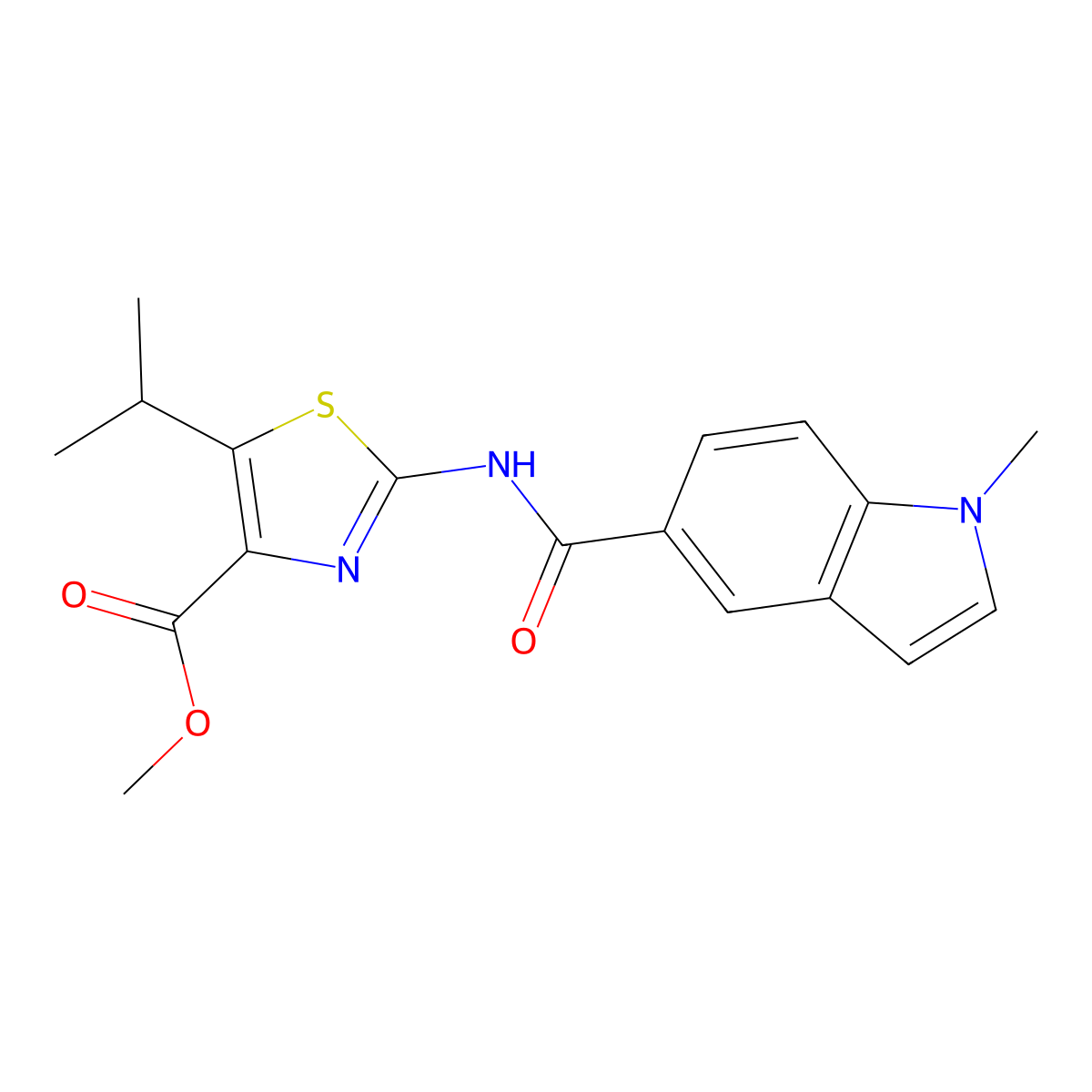 methyl 2-{[(1-methyl-1H-indol-5-yl)carbonyl]amino}-5-(propan-2-yl)-1,3-thiazole-4-carboxylate molecular structure, CAS 1435982-90-3