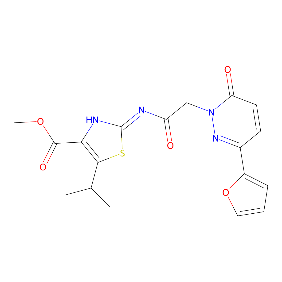 methyl 2-({[3-(furan-2-yl)-6-oxopyridazin-1(6H)-yl]acetyl}amino)-5-(propan-2-yl)-1,3-thiazole-4-carboxylate molecular structure, CAS 1435982-91-4