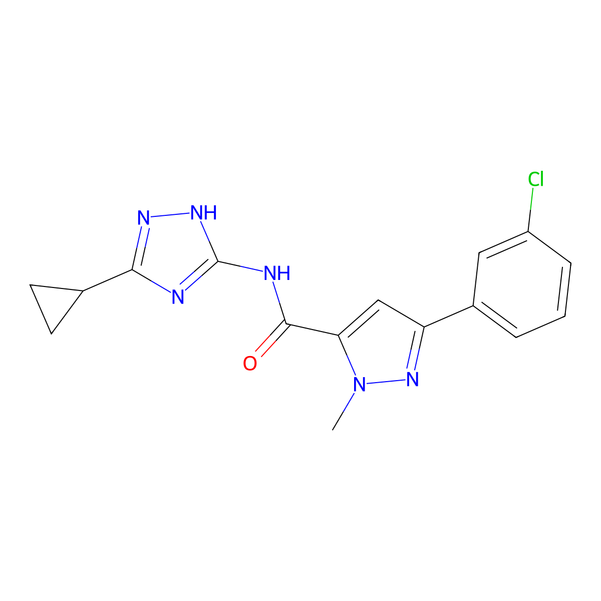 3-(3-chlorophenyl)-N-(3-cyclopropyl-1H-1,2,4-triazol-5-yl)-1-methyl-1H-pyrazole-5-carboxamide molecular structure, CAS 1435982-93-6