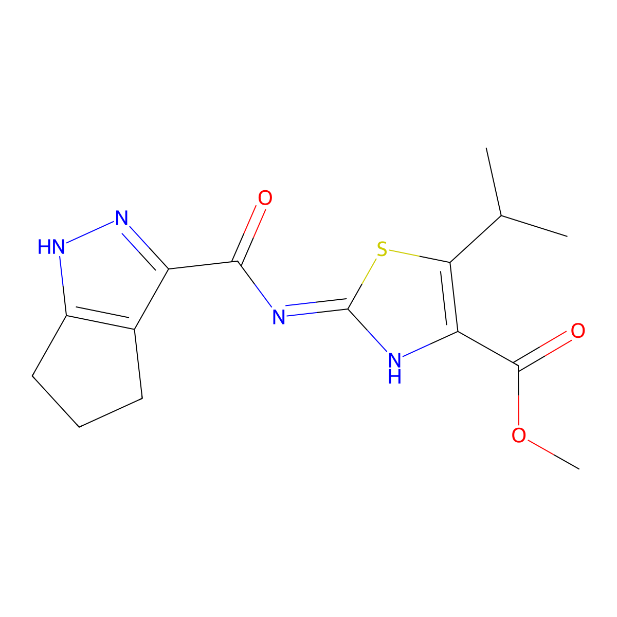 Methyl 5-(propan-2-yl)-2-[(1,4,5,6-tetrahydrocyclopenta[c]pyrazol-3-ylcarbonyl)amino]-1,3-thiazole-4-carboxylate molecular structure, CAS 1435983-48-4