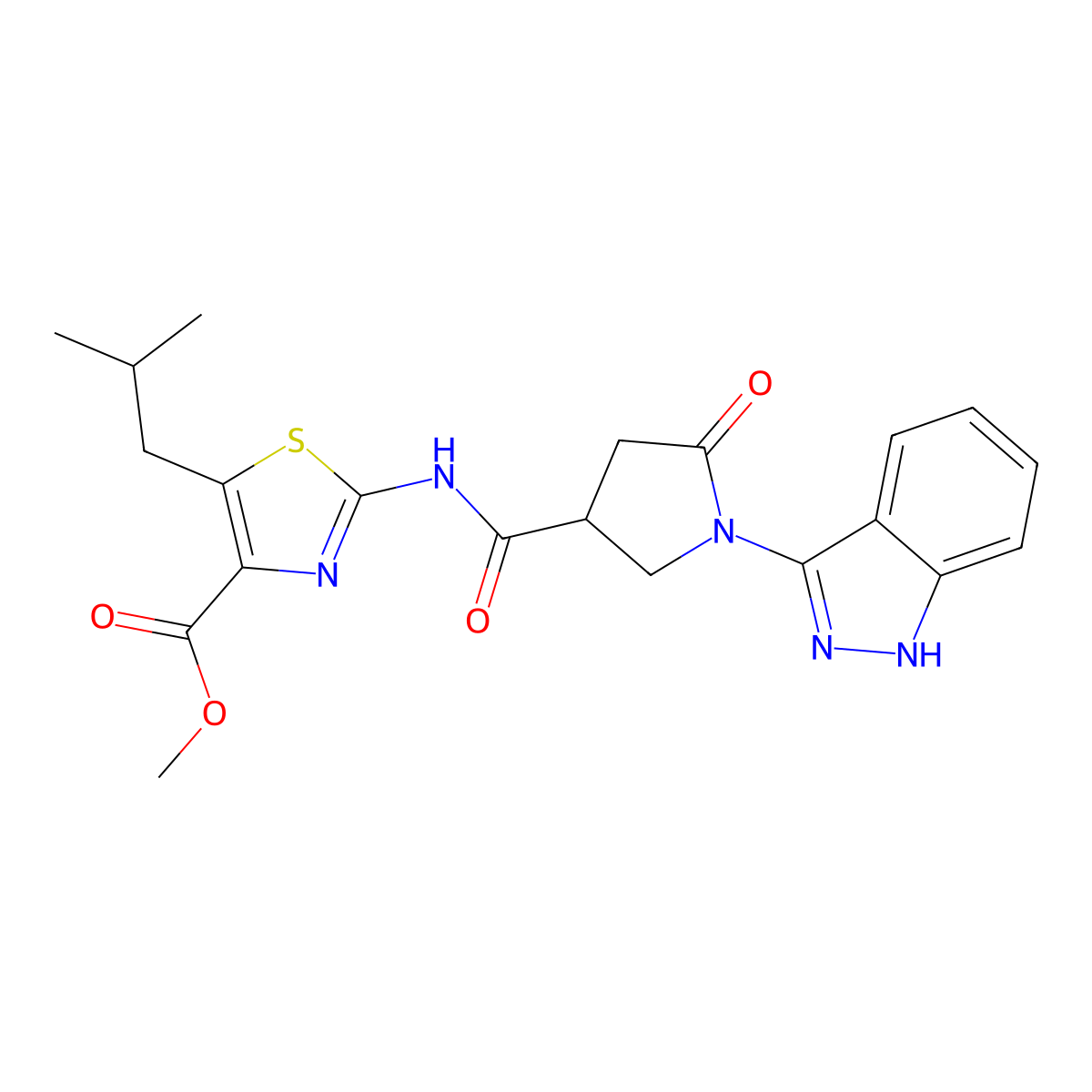 methyl 2-({[1-(1H-indazol-3-yl)-5-oxopyrrolidin-3-yl]carbonyl}amino)-5-(2-methylpropyl)-1,3-thiazole-4-carboxylate molecular structure, CAS 1435983-75-7