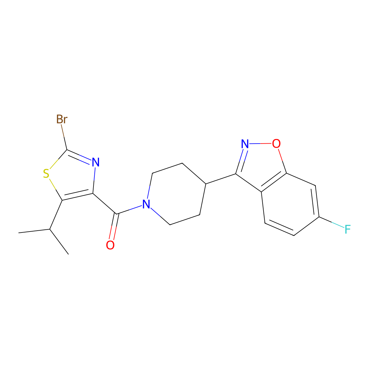 (2-Bromo-5-isopropyl-1,3-thiazol-4-yl)[4-(6-fluoro-1,2-benzisoxazol-3-yl)piperidino]methanone molecular structure, CAS 1435984-21-6