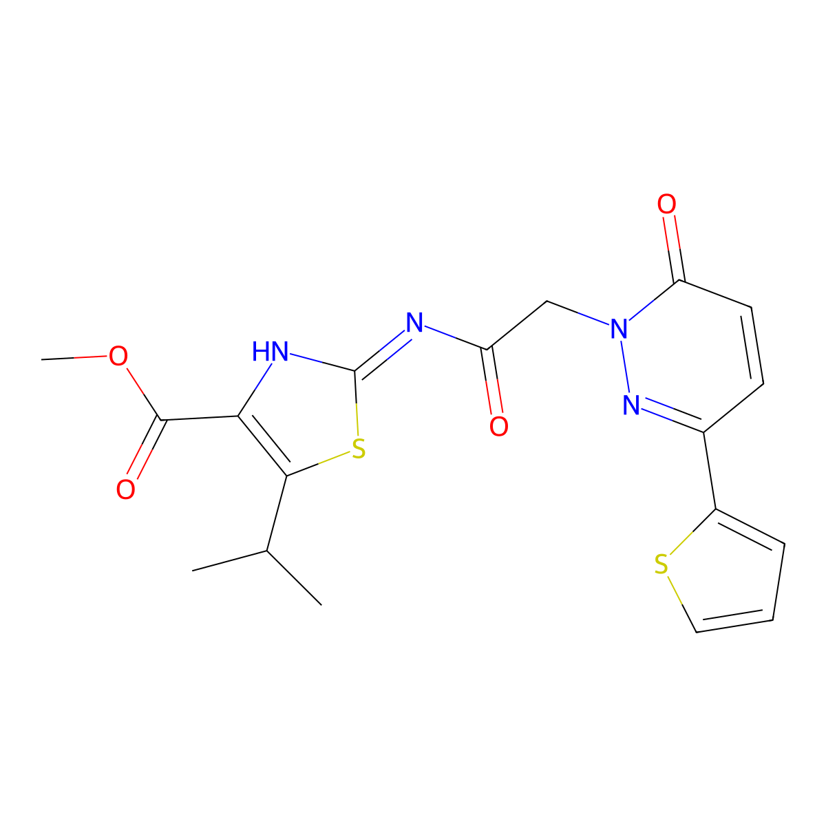 methyl 2-({[6-oxo-3-(thiophen-2-yl)pyridazin-1(6H)-yl]acetyl}amino)-5-(propan-2-yl)-1,3-thiazole-4-carboxylate molecular structure, CAS 1435985-23-1