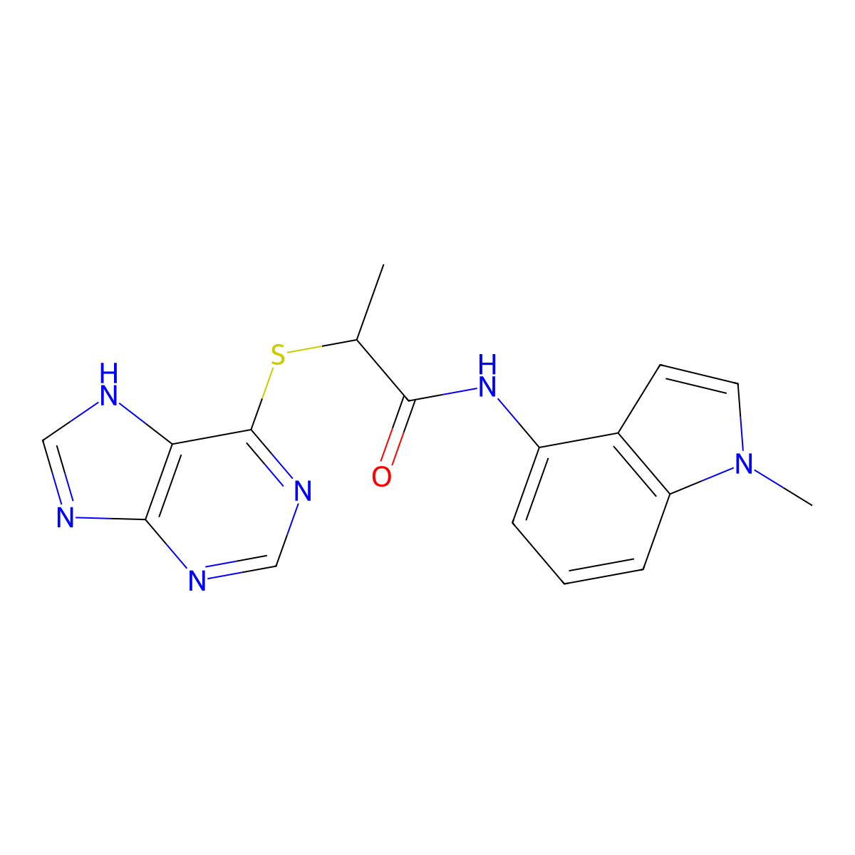 N-(1-methyl-1H-indol-4-yl)-2-(7H-purin-6-ylsulfanyl)propanamide molecular structure, CAS 1435985-29-7