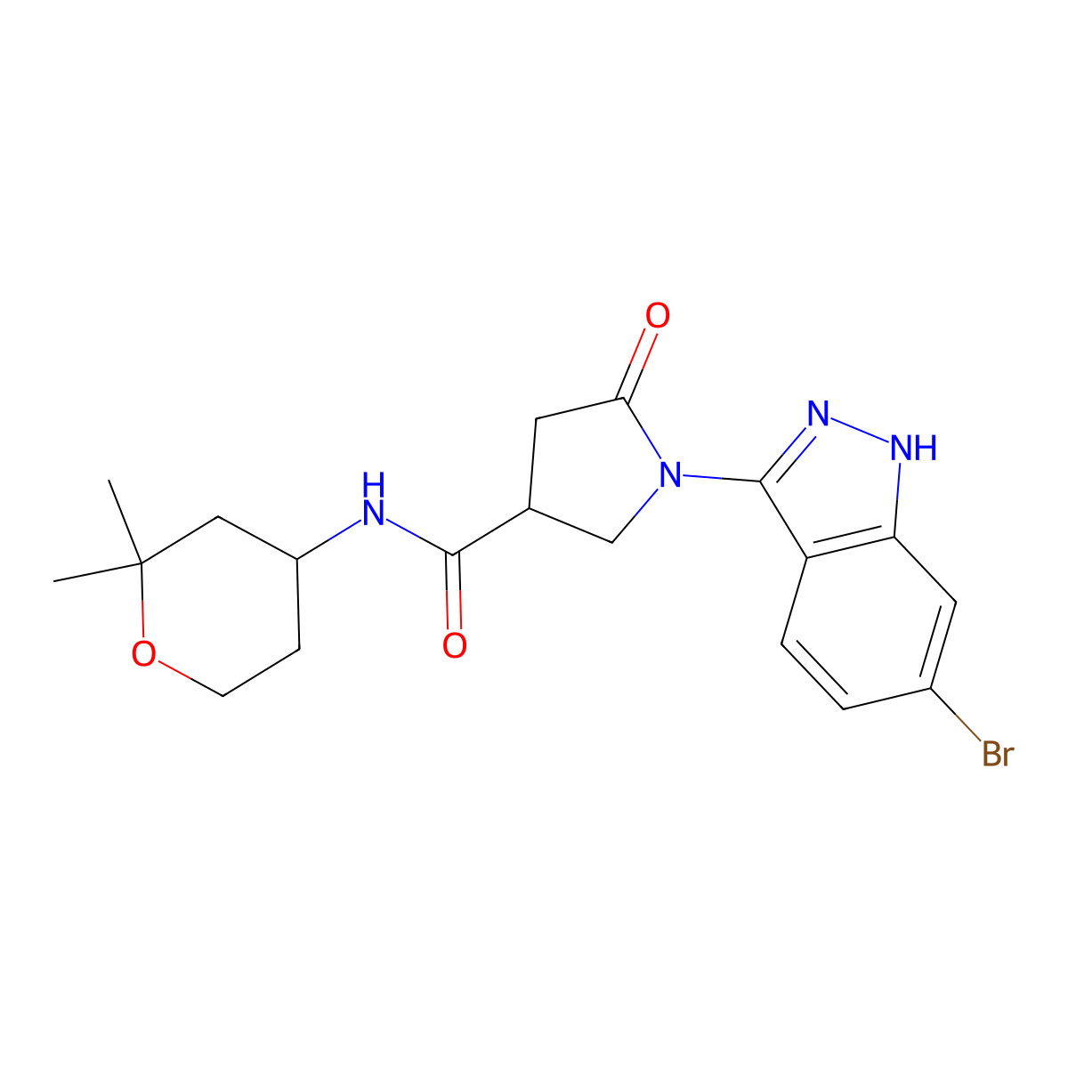 1-(6-bromo-1H-indazol-3-yl)-N-(2,2-dimethyltetrahydro-2H-pyran-4-yl)-5-oxo-3-pyrrolidinecarboxamide molecular structure, CAS 1435985-51-5