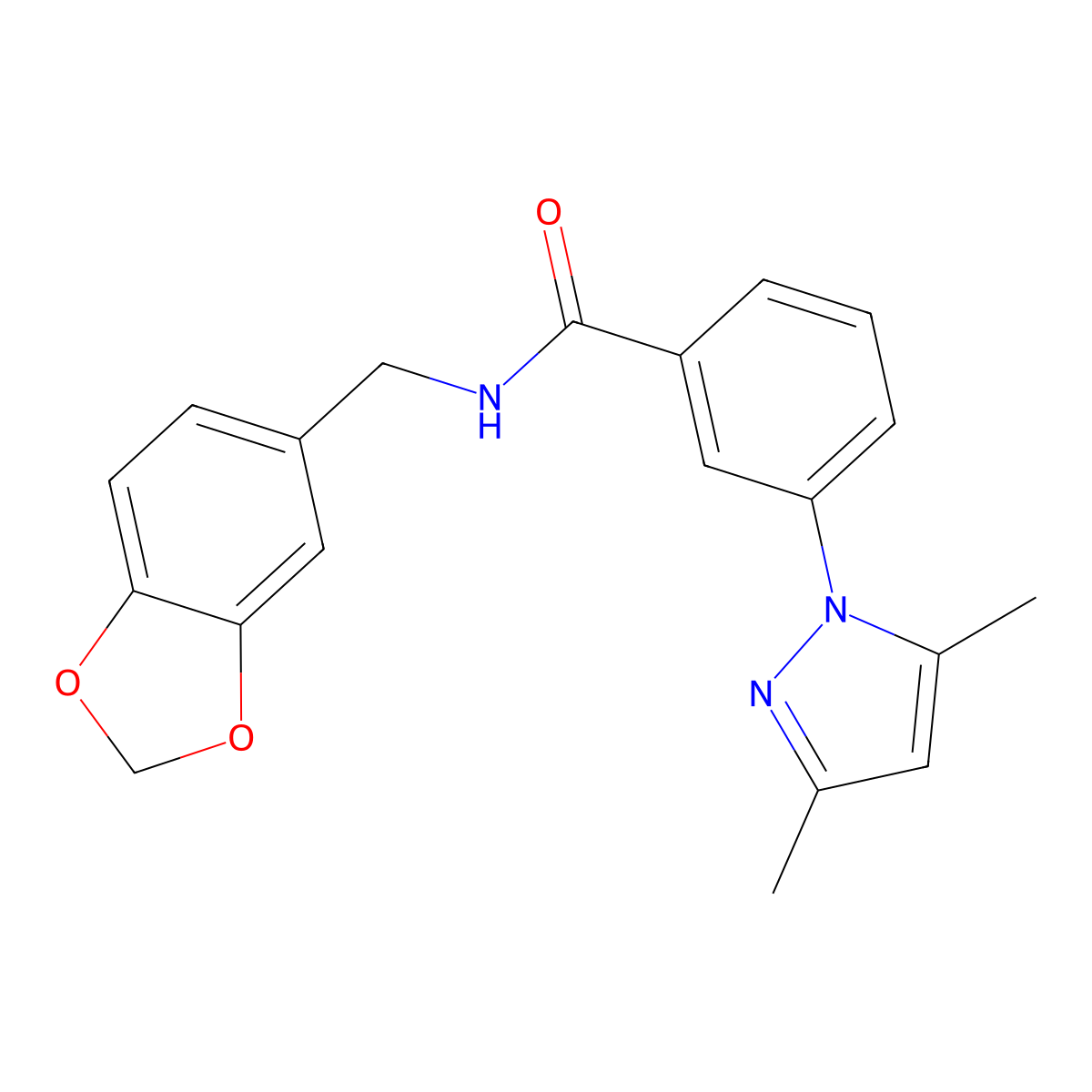 N-(1,3-benzodioxol-5-ylmethyl)-3-(3,5-dimethyl-1H-pyrazol-1-yl)benzamide molecular structure, CAS 1435985-55-9