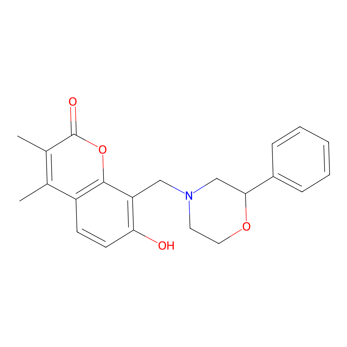 7-hydroxy-3,4-dimethyl-8-[(2-phenylmorpholin-4-yl)methyl]-2H-chromen-2-one molecular structure, CAS 1435985-93-5