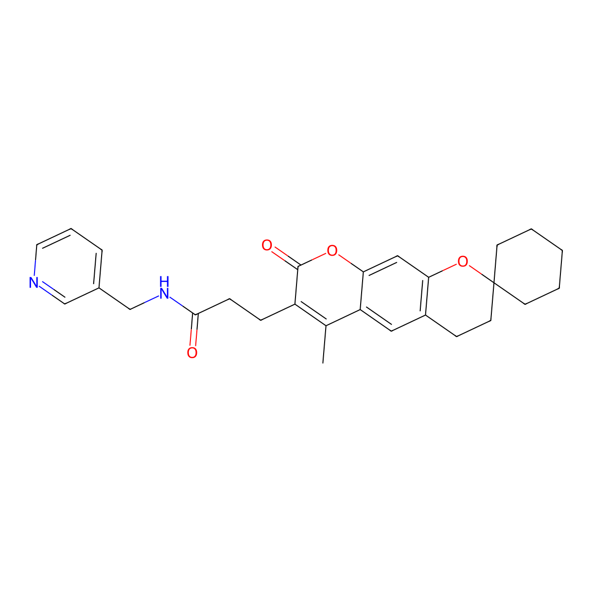 3-(6'-methyl-8'-oxo-3',4'-dihydro-8'H-spiro[cyclohexane-1,2'-pyrano[3,2-g]chromen]-7'-yl)-N-(pyridin-3-ylmethyl)propanamide molecular structure, CAS 1435986-05-2