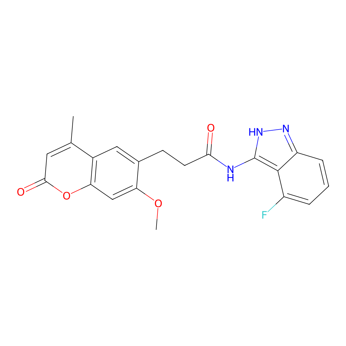 N-(4-fluoro-2H-indazol-3-yl)-3-(7-methoxy-4-methyl-2-oxo-2H-chromen-6-yl)propanamide molecular structure, CAS 1435986-66-5