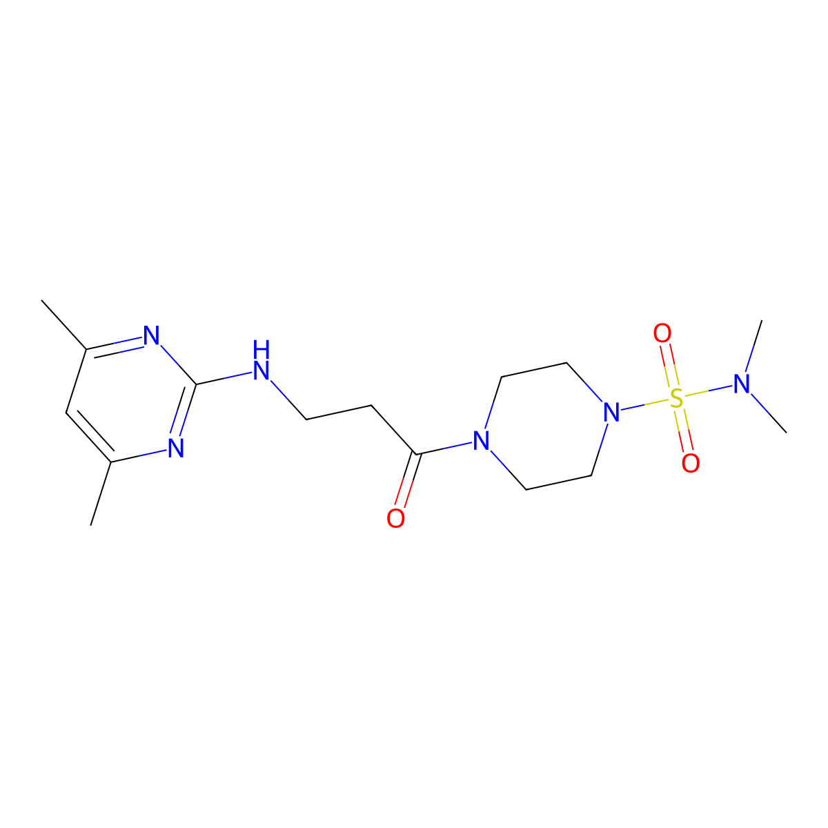 4-{3-[(4,6-dimethyl-2-pyrimidinyl)amino]propanoyl}-N,N-dimethyltetrahydro-1(2H)-pyrazinesulfonamide molecular structure, CAS 1435987-34-0