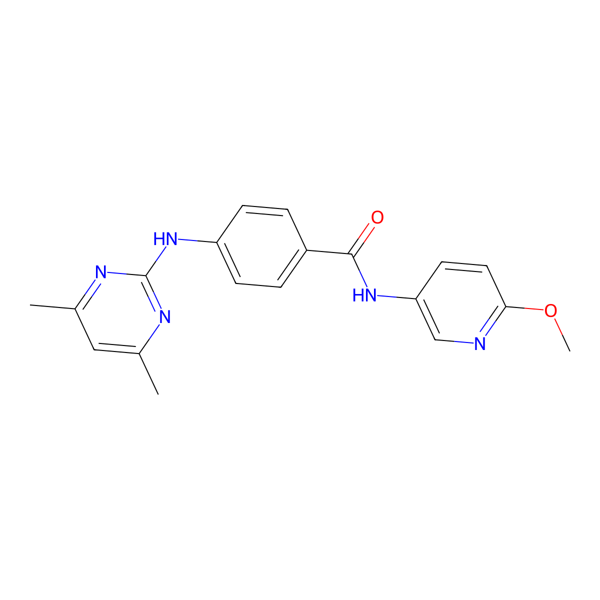 4-((4,6-dimethylpyrimidin-2-yl)amino)-N-(6-methoxypyridin-3-yl)benzamide molecular structure, CAS 1435988-53-6
