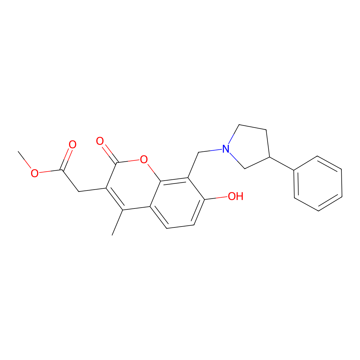 methyl {7-hydroxy-4-methyl-2-oxo-8-[(3-phenylpyrrolidin-1-yl)methyl]-2H-chromen-3-yl}acetate molecular structure, CAS 1435991-32-4