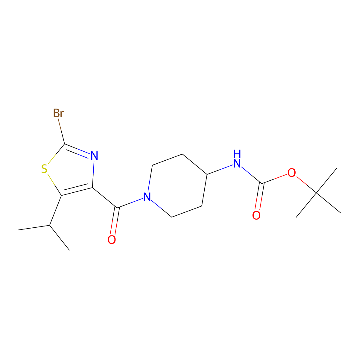 Tert-butyl (1-{[2-bromo-5-(propan-2-yl)-1,3-thiazol-4-yl]carbonyl}piperidin-4-yl)carbamate molecular structure, CAS 1435992-08-7
