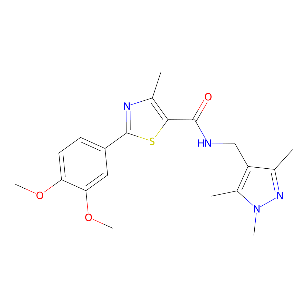 2-(3,4-dimethoxyphenyl)-4-methyl-N-[(1,3,5-trimethyl-1H-pyrazol-4-yl)methyl]-1,3-thiazole-5-carboxamide molecular structure, CAS 1435992-90-7