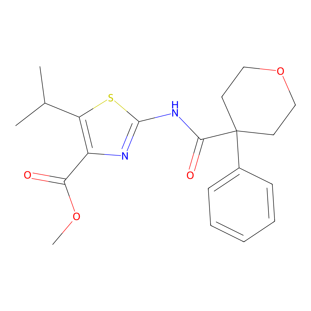methyl 2-{[(4-phenyltetrahydro-2H-pyran-4-yl)carbonyl]amino}-5-(propan-2-yl)-1,3-thiazole-4-carboxylate molecular structure, CAS 1435993-13-7