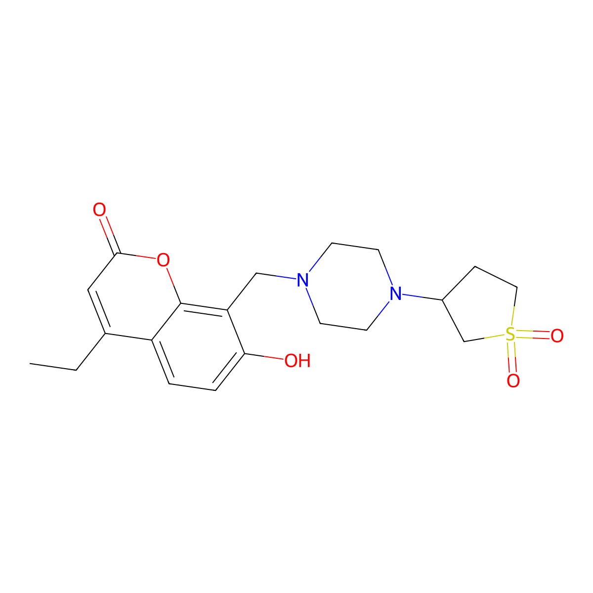8-{[4-(1,1-dioxidotetrahydrothiophen-3-yl)piperazin-1-yl]methyl}-4-ethyl-7-hydroxy-2H-chromen-2-one molecular structure, CAS 1435993-56-8