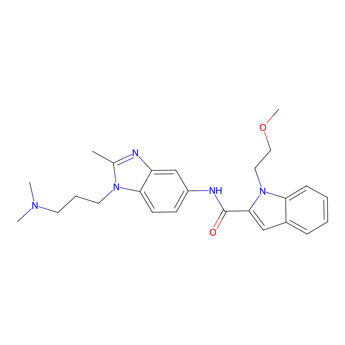 N-{1-[3-(dimethylamino)propyl]-2-methyl-1H-benzimidazol-5-yl}-1-(2-methoxyethyl)-1H-indole-2-carboxamide molecular structure, CAS 1435995-92-8