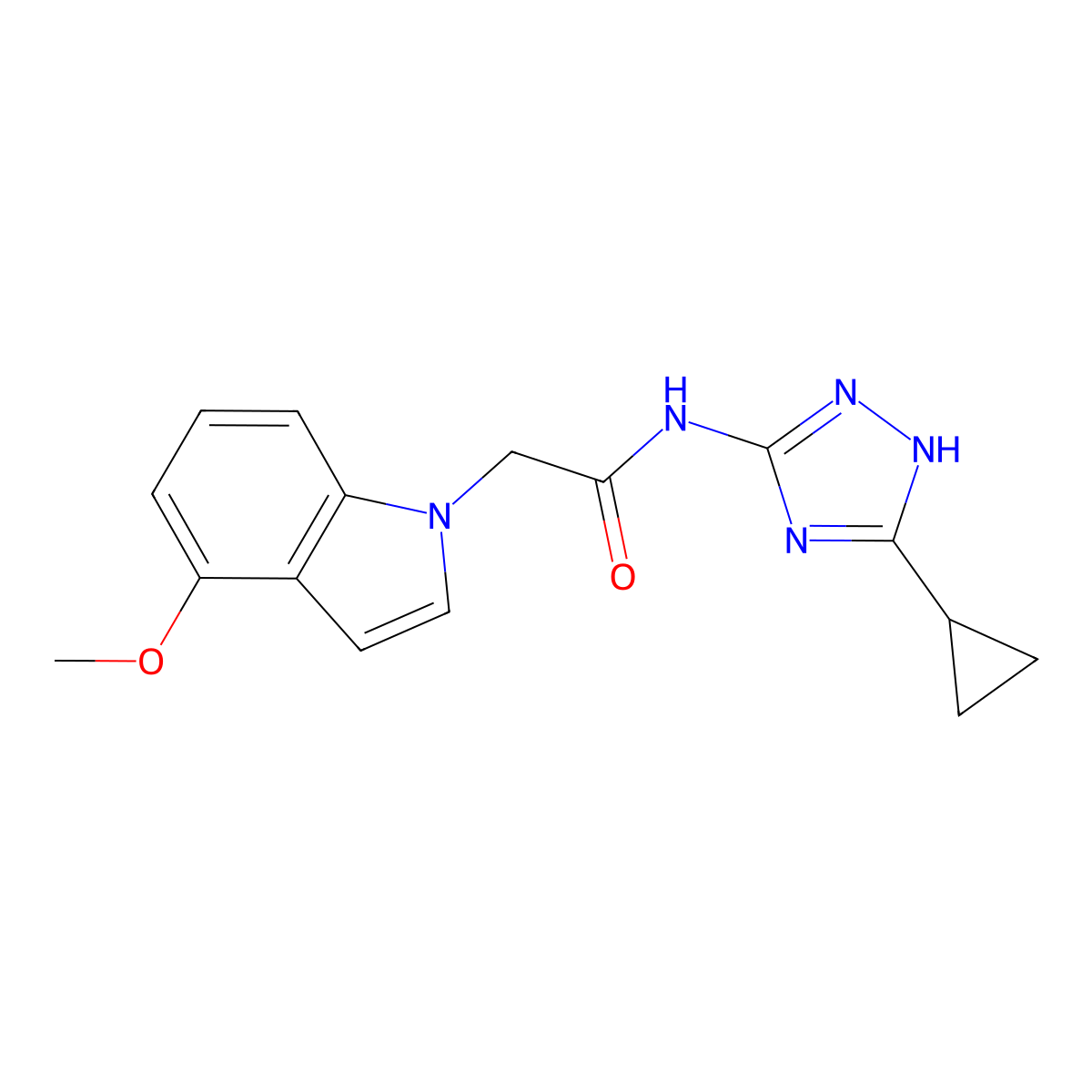 N-(3-cyclopropyl-1H-1,2,4-triazol-5-yl)-2-(4-methoxy-1H-indol-1-yl)acetamide molecular structure, CAS 1435996-21-6