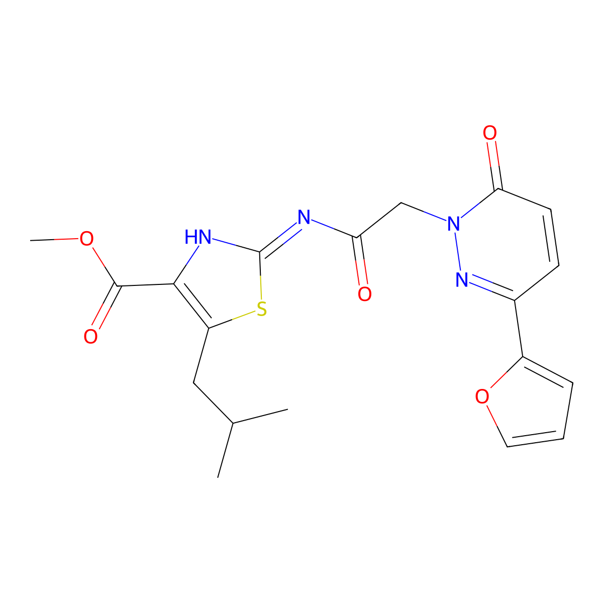 methyl 2-({[3-(furan-2-yl)-6-oxopyridazin-1(6H)-yl]acetyl}amino)-5-(2-methylpropyl)-1,3-thiazole-4-carboxylate molecular structure, CAS 1435996-28-3