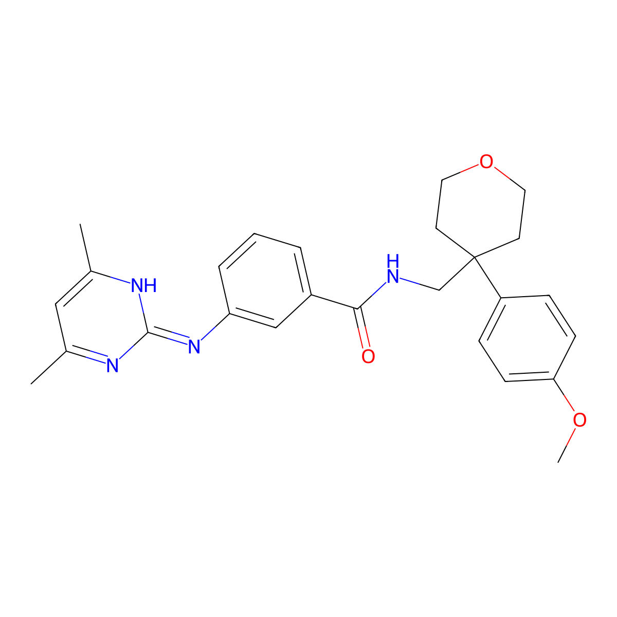 3-((4,6-dimethylpyrimidin-2-yl)amino)-N-((4-(4-methoxyphenyl)tetrahydro-2H-pyran-4-yl)methyl)benzamide molecular structure, CAS 1435996-53-4