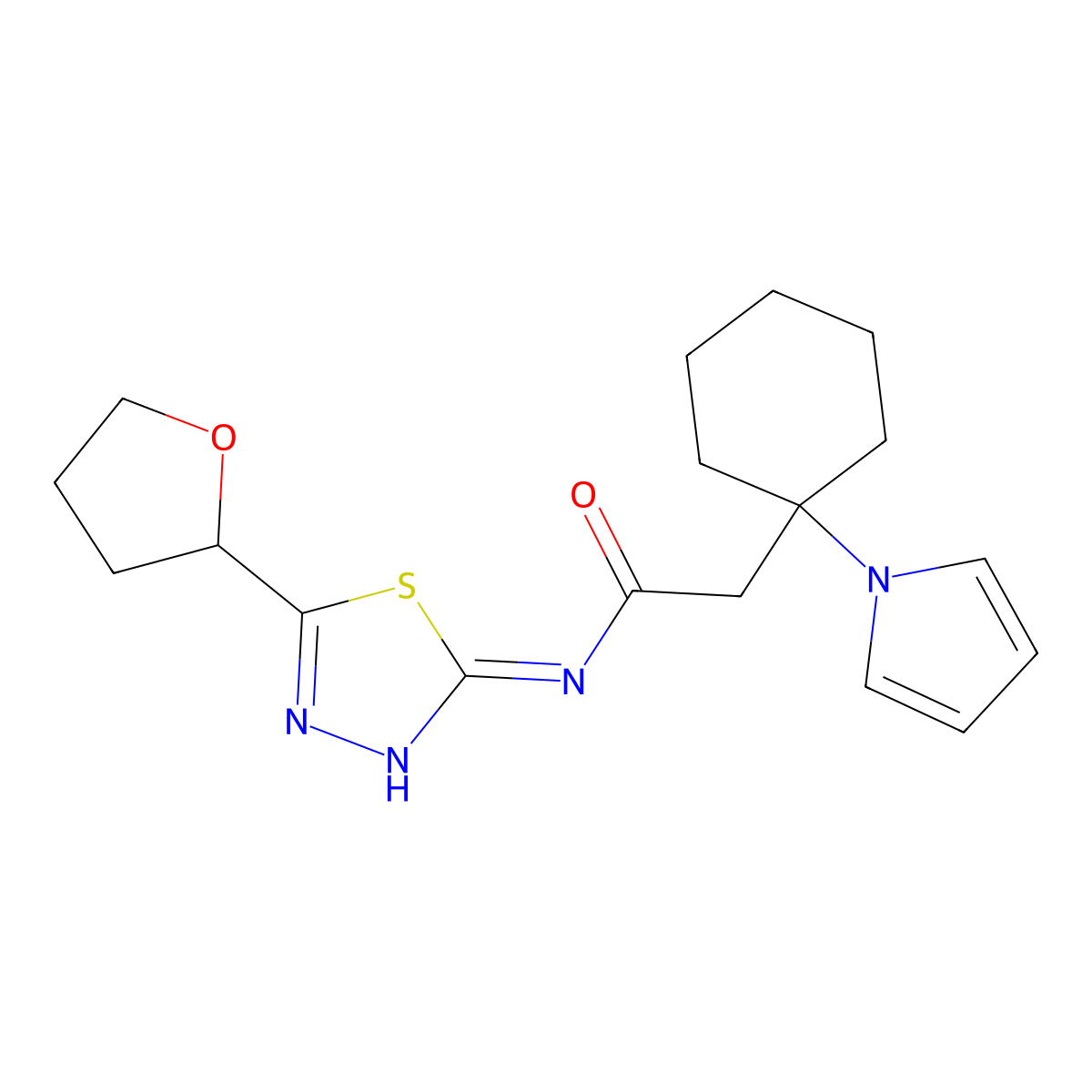 2-(1-(1H-pyrrol-1-yl)cyclohexyl)-N-(5-(tetrahydrofuran-2-yl)-1,3,4-thiadiazol-2-yl)acetamide molecular structure, CAS 1435997-05-9