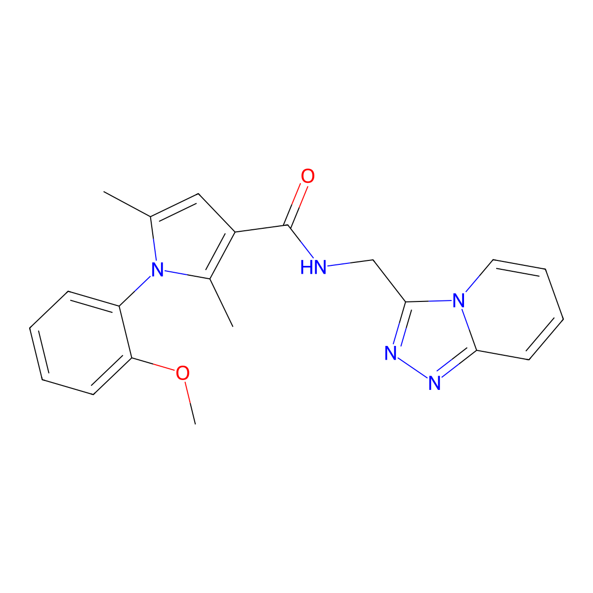 1-(2-methoxyphenyl)-2,5-dimethyl-N-([1,2,4]triazolo[4,3-a]pyridin-3-ylmethyl)-1H-pyrrole-3-carboxamide molecular structure, CAS 1435997-77-5