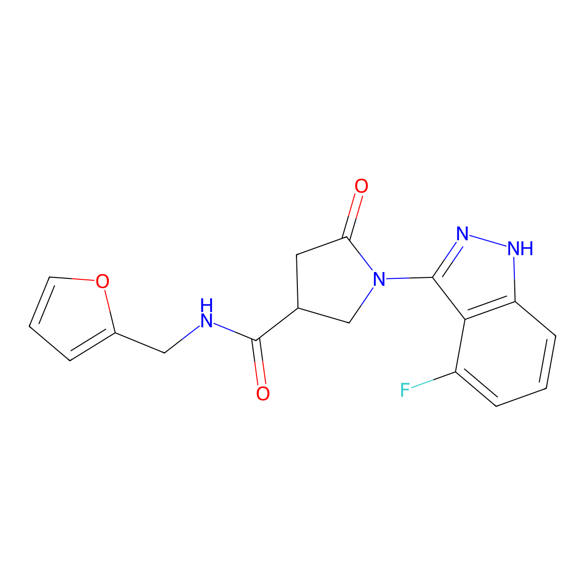 1-(4-fluoro-1H-indazol-3-yl)-N-(2-furylmethyl)-5-oxo-3-pyrrolidinecarboxamide molecular structure, CAS 1435998-30-3