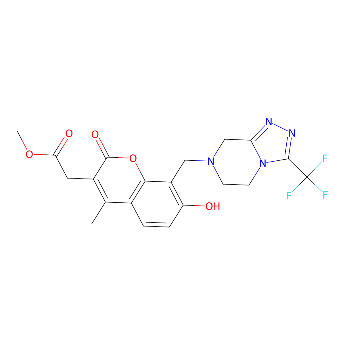 methyl (7-hydroxy-4-methyl-2-oxo-8-{[3-(trifluoromethyl)-5,6-dihydro[1,2,4]triazolo[4,3-a]pyrazin-7(8H)-yl]methyl}-2H-chromen-3-yl)acetate molecular structure, CAS 1435998-87-0