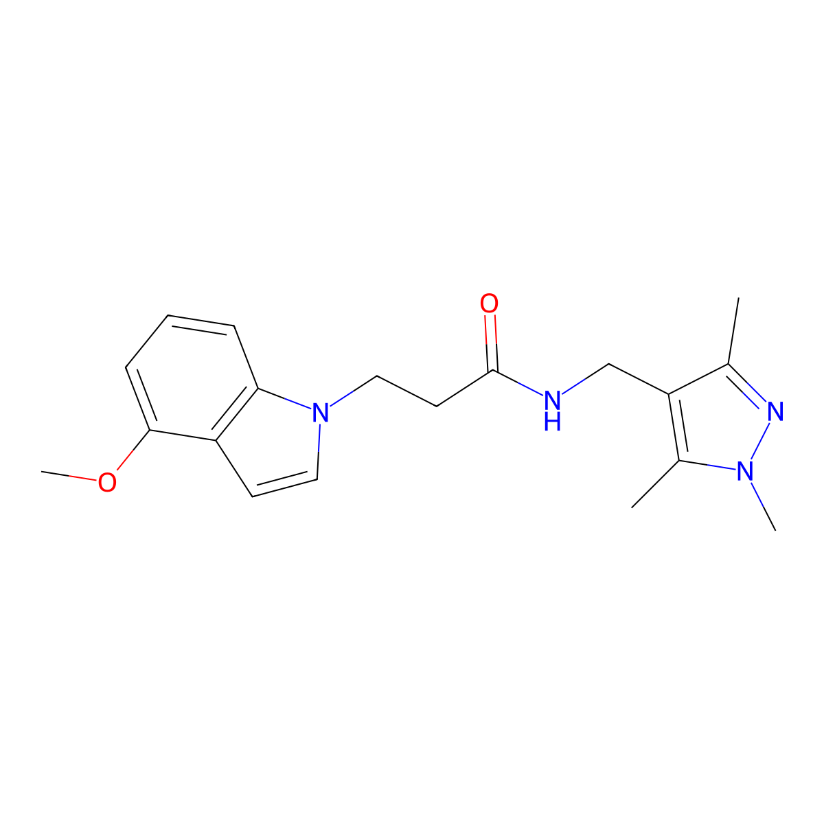 3-(4-methoxy-1H-indol-1-yl)-N-[(1,3,5-trimethyl-1H-pyrazol-4-yl)methyl]propanamide molecular structure, CAS 1435999-34-0