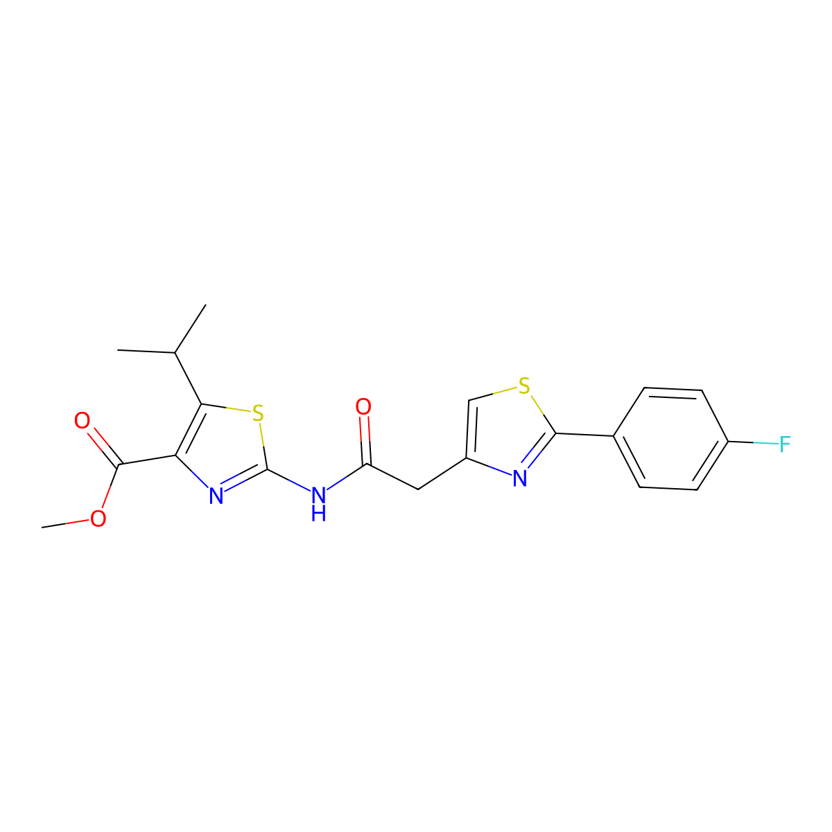 Methyl 2-({[2-(4-fluorophenyl)-1,3-thiazol-4-yl]acetyl}amino)-5-(propan-2-yl)-1,3-thiazole-4-carboxylate molecular structure, CAS 1436000-72-4