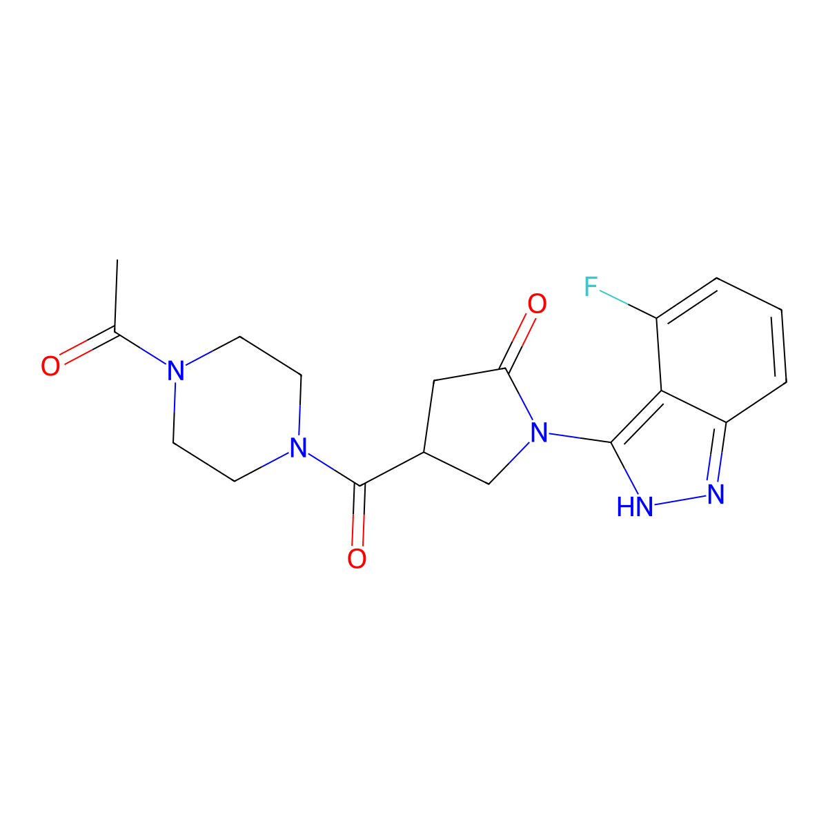 4-[(4-acetylpiperazino)carbonyl]-1-(4-fluoro-1H-indazol-3-yl)-2-pyrrolidinone molecular structure, CAS 1436000-96-2