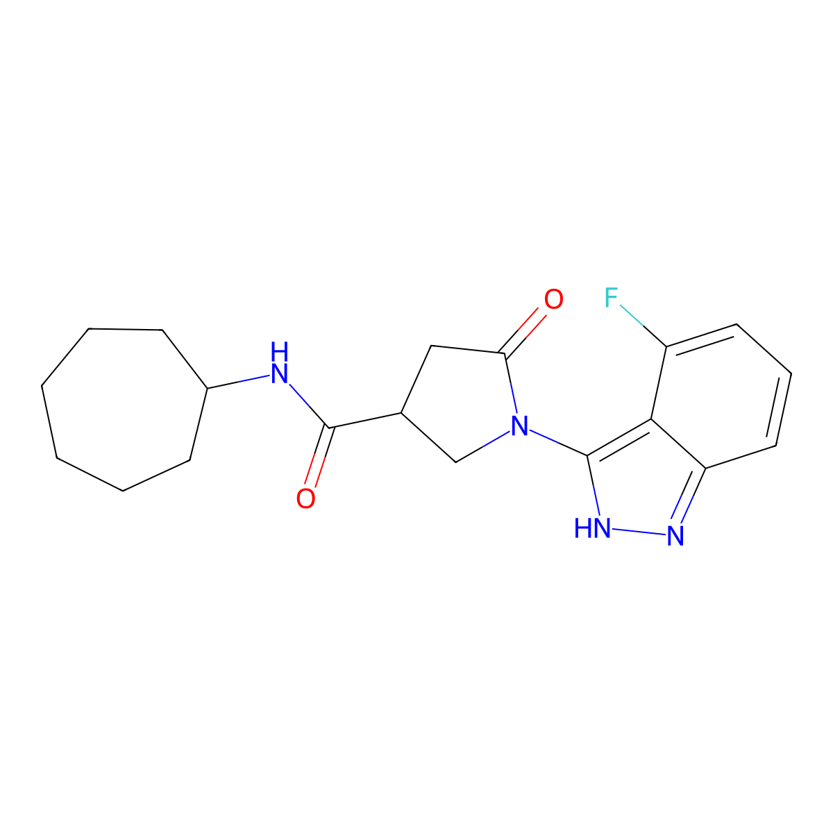 N-cycloheptyl-1-(4-fluoro-1H-indazol-3-yl)-5-oxo-3-pyrrolidinecarboxamide molecular structure, CAS 1436001-39-6
