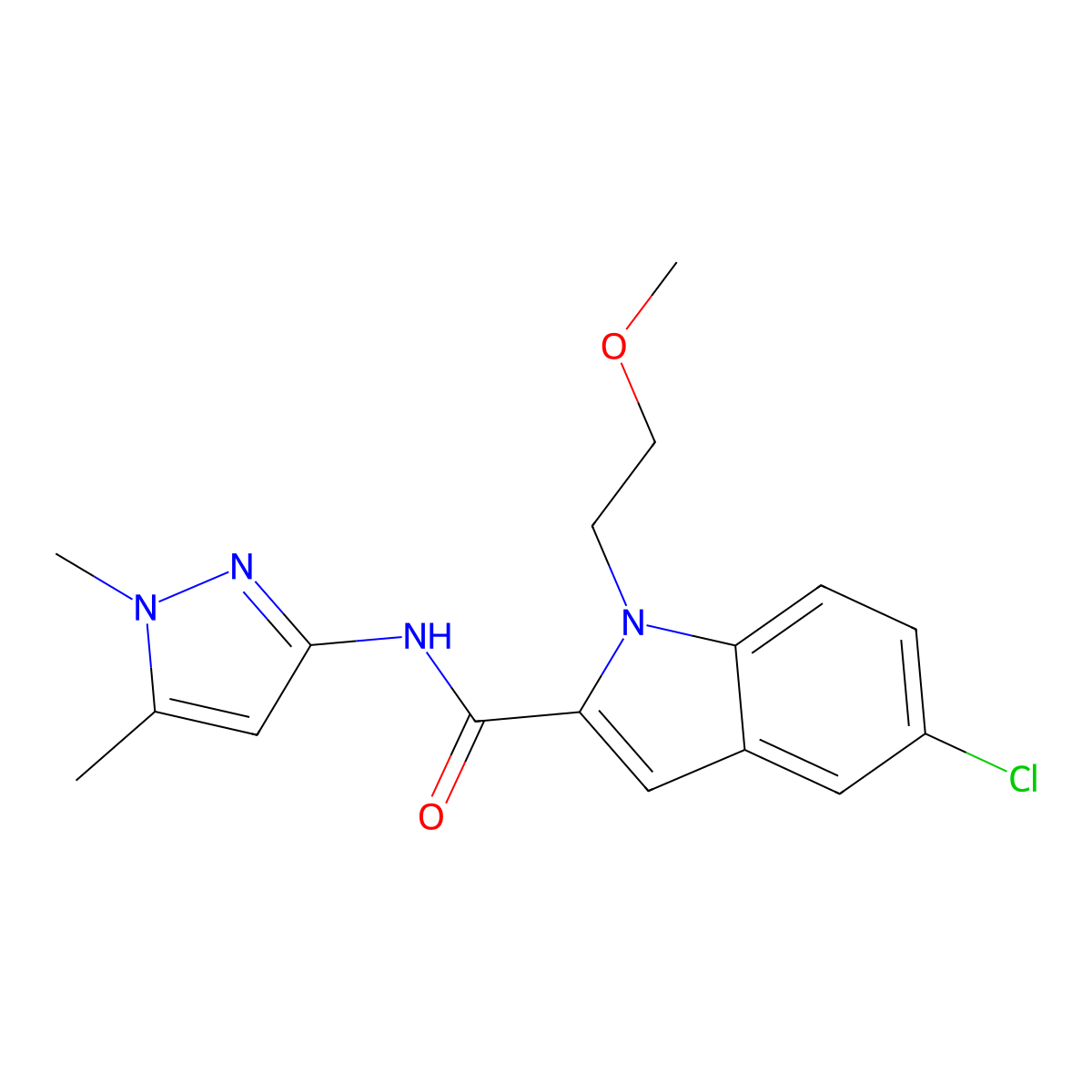 5-chloro-N-(1,5-dimethyl-1H-pyrazol-3-yl)-1-(2-methoxyethyl)-1H-indole-2-carboxamide molecular structure, CAS 1436001-47-6