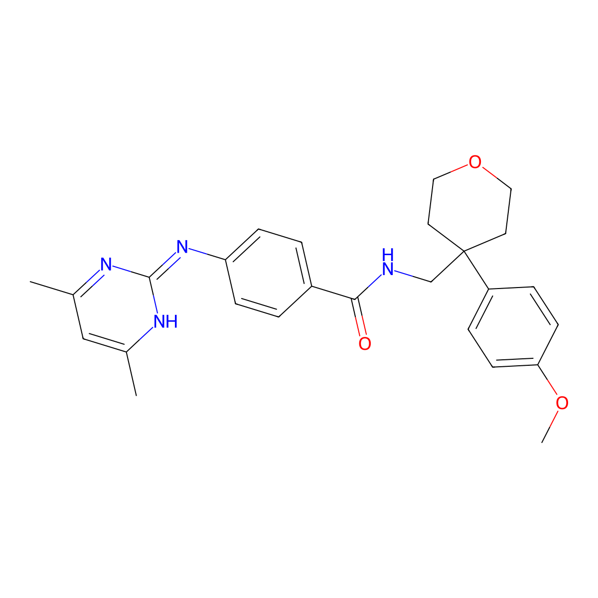 4-((4,6-dimethylpyrimidin-2-yl)amino)-N-((4-(4-methoxyphenyl)tetrahydro-2H-pyran-4-yl)methyl)benzamide molecular structure, CAS 1436002-46-8
