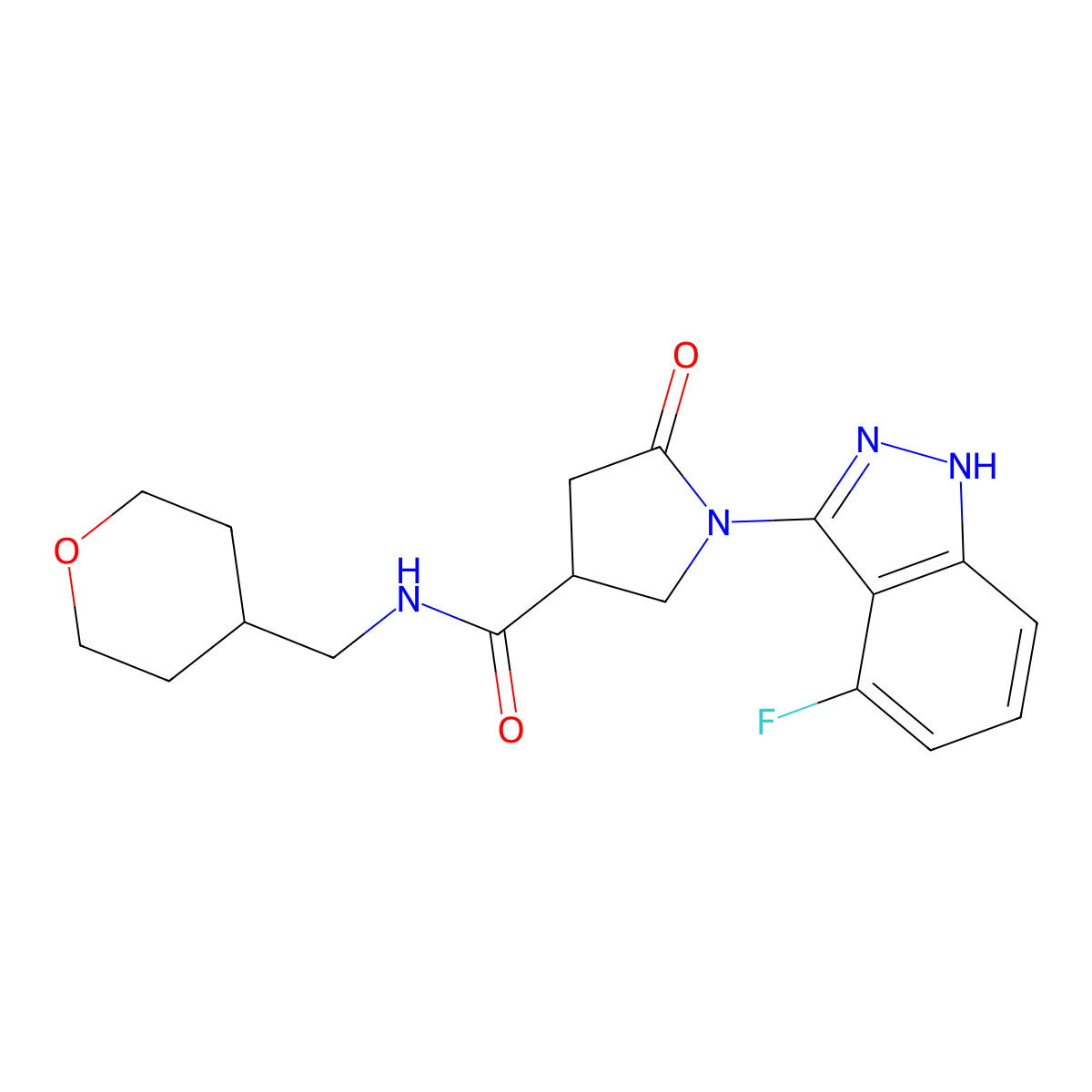 1-(4-fluoro-1H-indazol-3-yl)-5-oxo-N-(tetrahydro-2H-pyran-4-ylmethyl)-3-pyrrolidinecarboxamide molecular structure, CAS 1436002-54-8