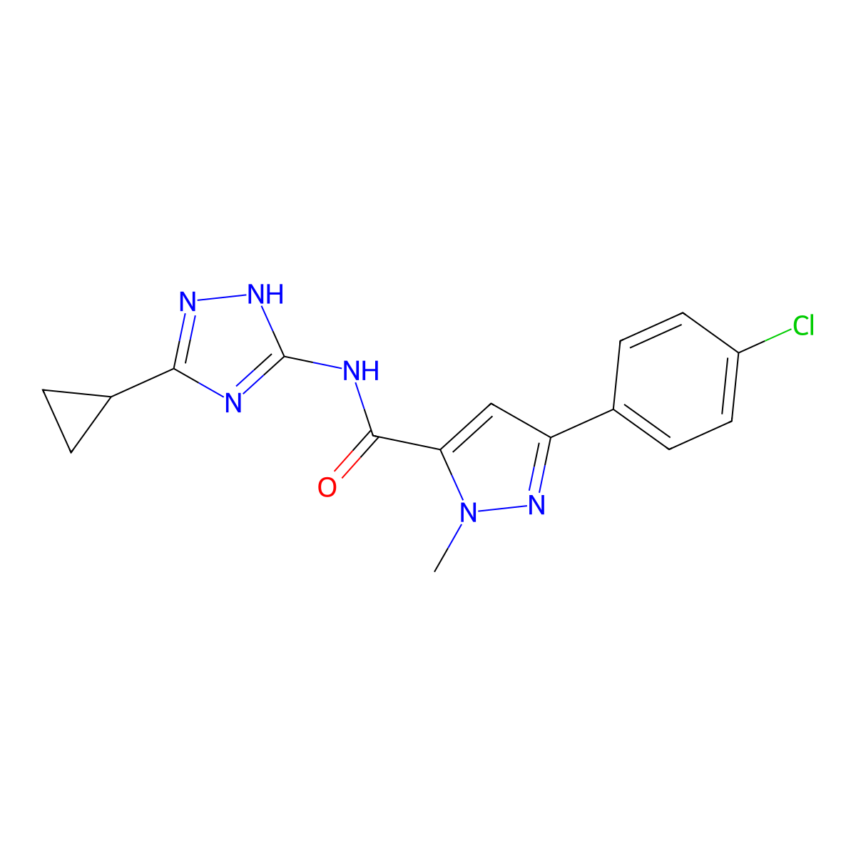 3-(4-chlorophenyl)-N-(3-cyclopropyl-1H-1,2,4-triazol-5-yl)-1-methyl-1H-pyrazole-5-carboxamide molecular structure, CAS 1436004-50-0