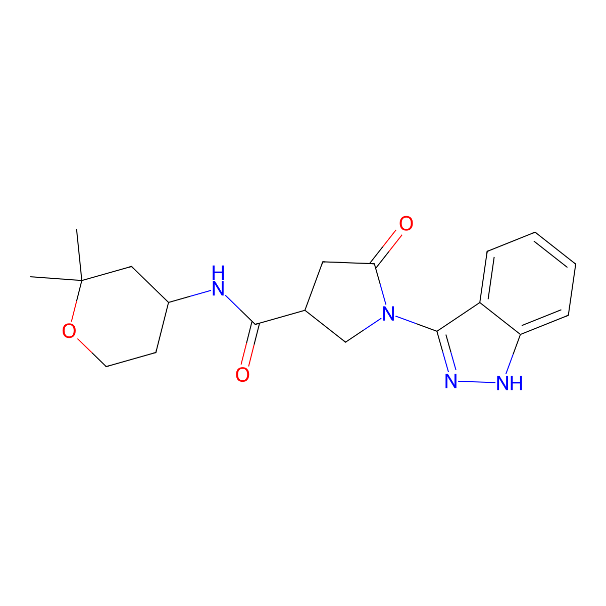 N-(2,2-dimethyltetrahydro-2H-pyran-4-yl)-1-(2H-indazol-3-yl)-5-oxopyrrolidine-3-carboxamide molecular structure, CAS 1436004-61-3