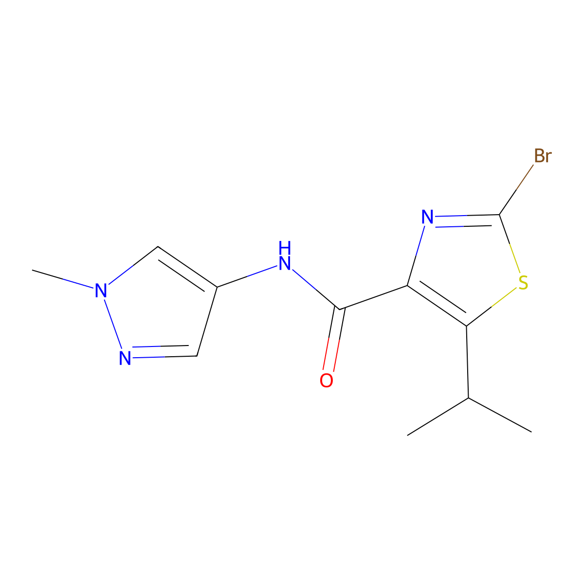 2-bromo-N-(1-methyl-1H-pyrazol-4-yl)-5-(propan-2-yl)-1,3-thiazole-4-carboxamide molecular structure, CAS 1436005-81-0