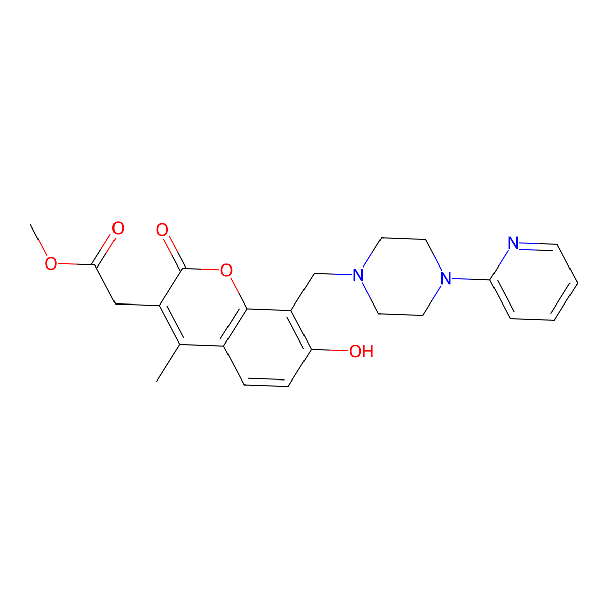 methyl (7-hydroxy-4-methyl-2-oxo-8-{[4-(pyridin-2-yl)piperazin-1-yl]methyl}-2H-chromen-3-yl)acetate molecular structure, CAS 1436006-18-6