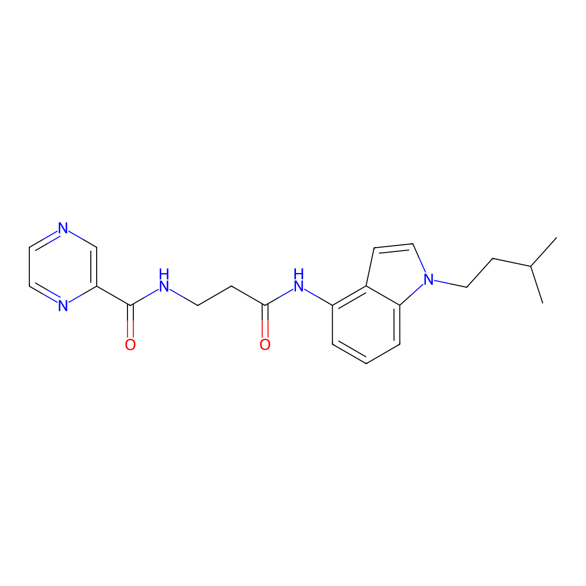 N-(3-{[1-(3-methylbutyl)-1H-indol-4-yl]amino}-3-oxopropyl)pyrazine-2-carboxamide molecular structure, CAS 1436006-26-6