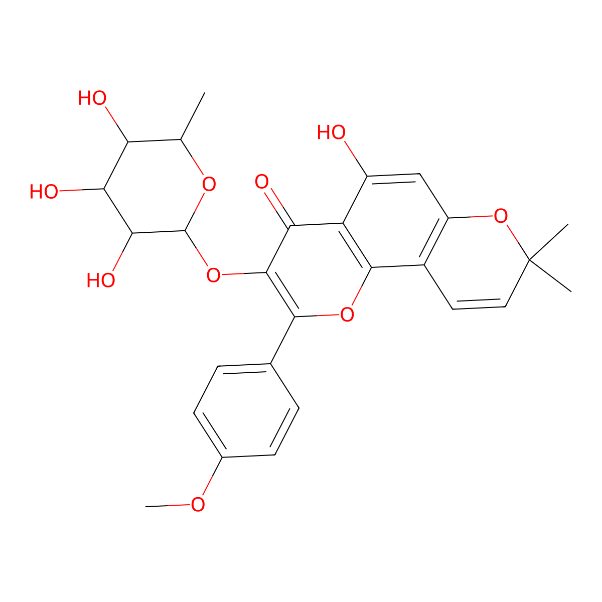 5-hydroxy-2-(4-methoxyphenyl)-8,8-dimethyl-3-[(2S,3R,4R,5R,6S)-3,4,5-trihydroxy-6-methyloxan-2-yl]oxypyrano[2,3-h]chromen-4-one molecular structure, CAS 143601-07-4