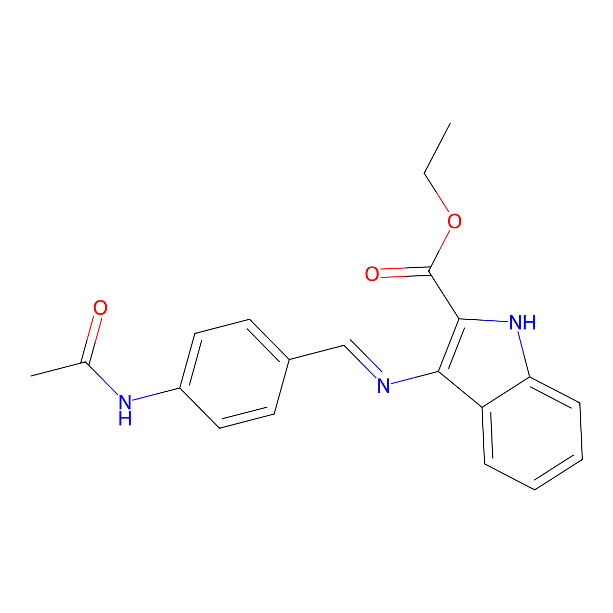 3-(((4-(Acetylamino)phenyl)methylene)amino)-1H-indole-2-carboxylic acid, ethyl ester molecular structure, CAS 143603-79-6