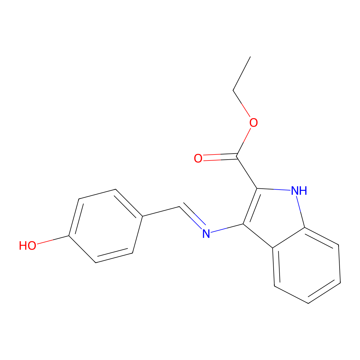 3-(((4-Hydroxyphenyl)methylene)amino)-1H-indole-2-carboxylic acid, ethyl ester molecular structure, CAS 143603-80-9
